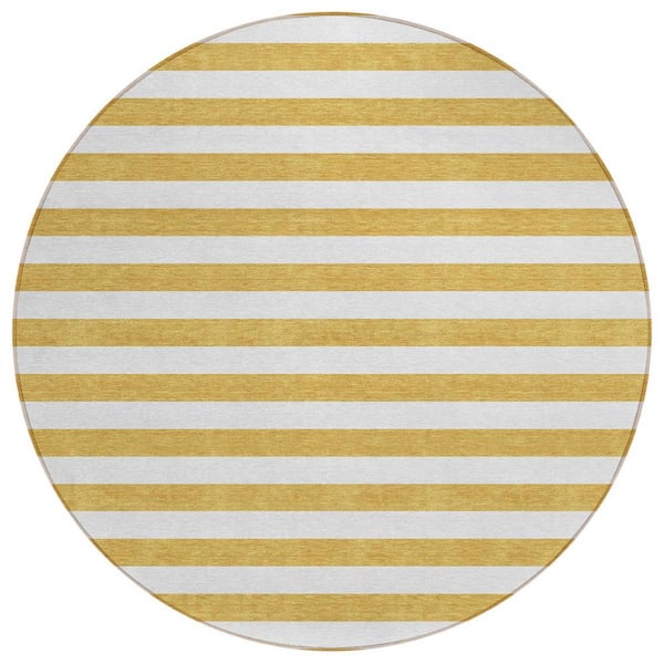 Gold 8 ft. Round Woven Striped Polyester Round Indoor/Outdoor Area Rug