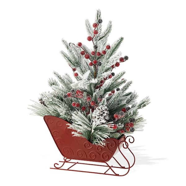 Glitzhome 21 in. H Christmas Red Sleigh Frosted Floral Centerpiece