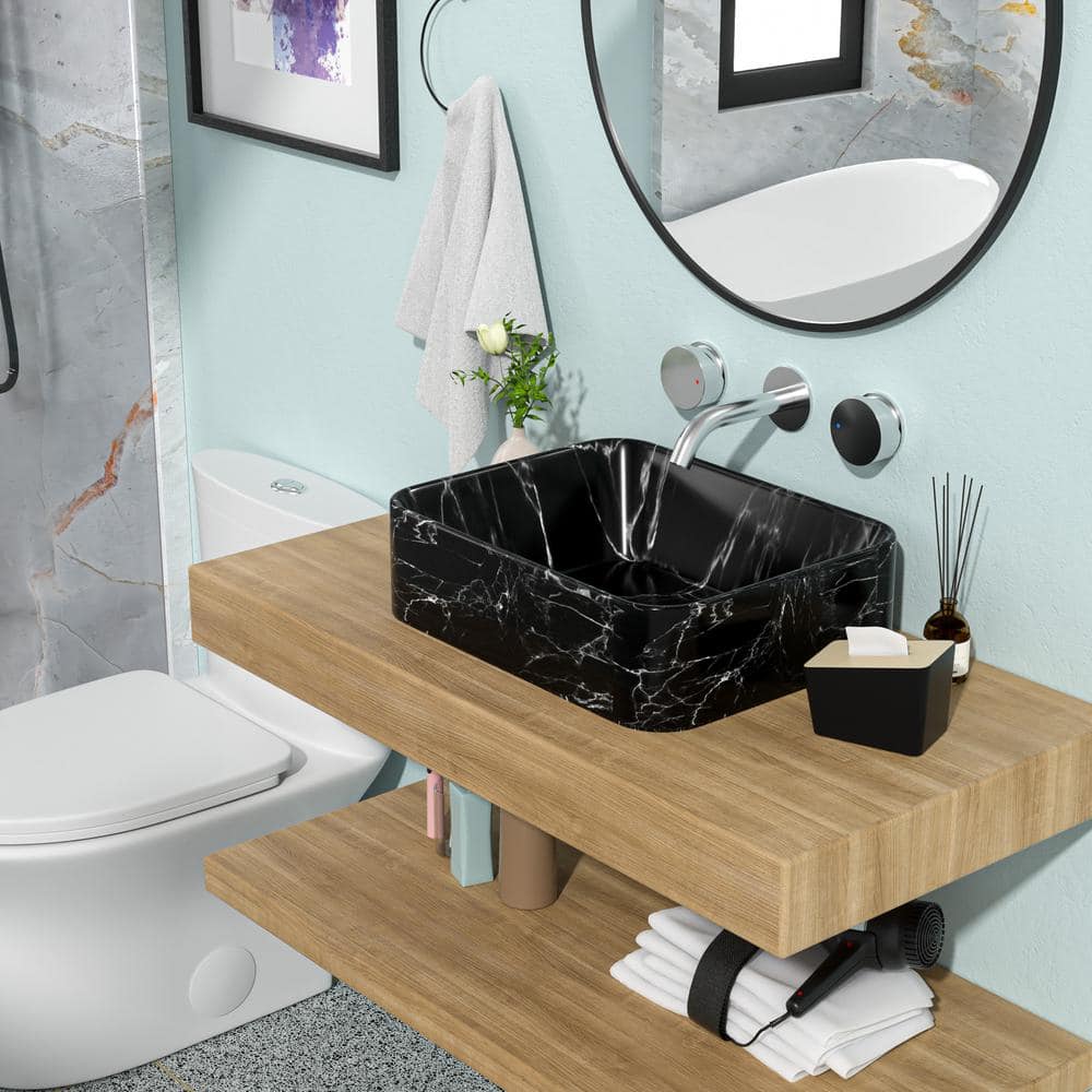 19" x 15" Black and Gray Marble Pattern Ceramic Rectangular Vessel Sink