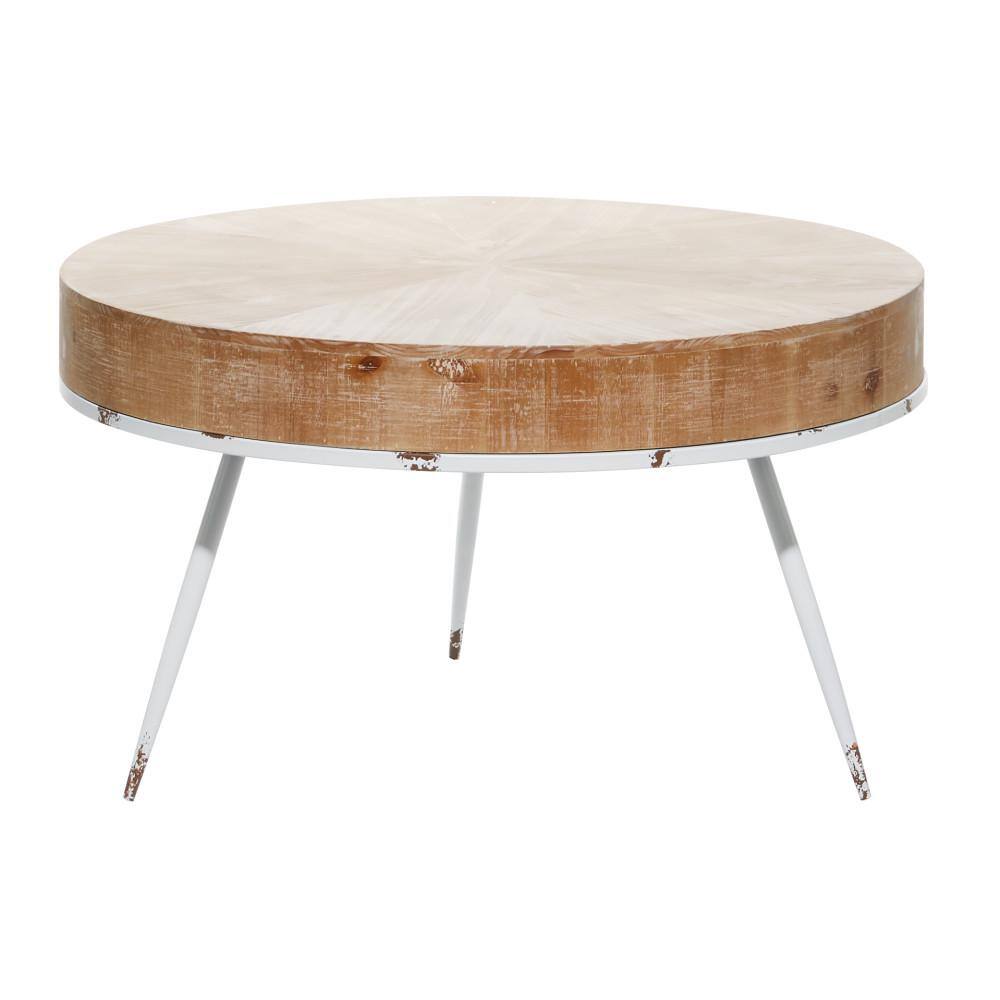 Modern Minimalist Round Coffee Table with White Distressed Iron Legs, 32"W