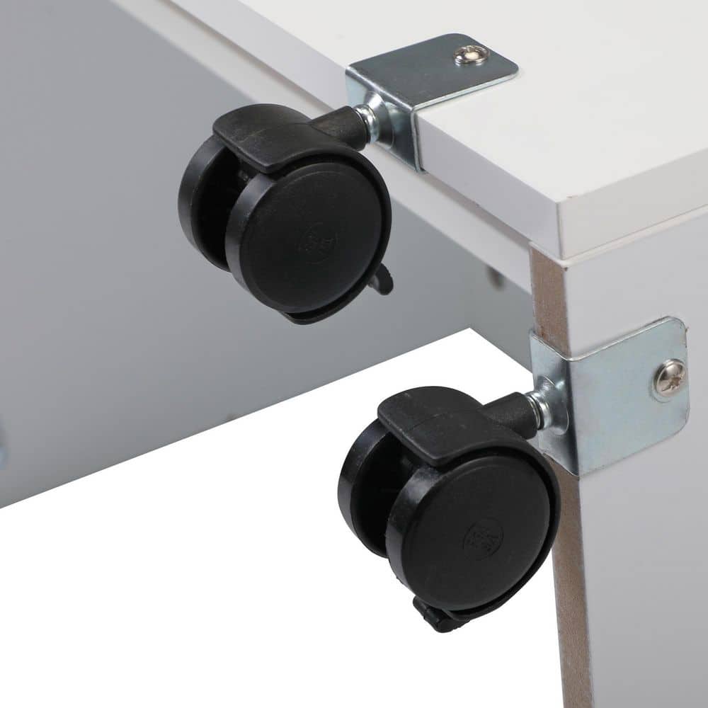White Folding Sewing Table with Shelves and Wheels