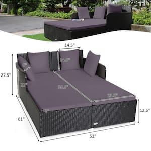 Wicker Outdoor Patio Conversation Set Spacious Rattan Daybed with Gray Upholstered Cushion