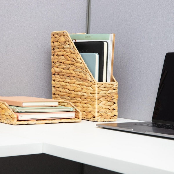 Rattan Vertical File Organizer with Iron Frame, Desktop Organizer, Holds Letter Size Documents, Brown