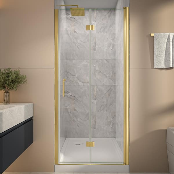 34-36 in. W x 72 in. H Bi-Fold Frameless Shower Door in Brushed Gold with Clear Glass