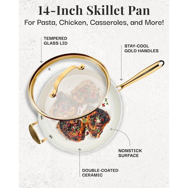 Gotham Steel Natural Collection 14 in. Aluminum Ultra Performance Ceramic  Nonstick Frying Pan in Cream with Lid and Gold Handle 1414 - The Home Depot