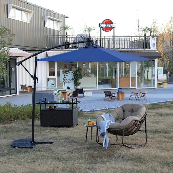 Harper & Bright Designs 10 ft. Solar-powered Hanging Cantilever Patio Umbrella in Navy Blue with 40 LED lights Hand-Crank Lift, Easy-tilt System