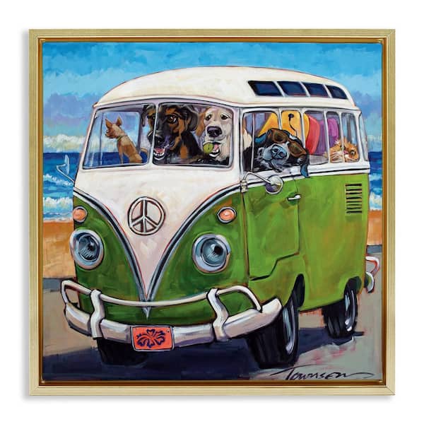 Stupell Industries Dogs Driving Retro Van by CR Townsend 1-Piece Gold Floater Frame Animal Graphic Art Print 18 in. x 18 in.