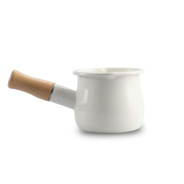 Mini Enamel Milk Pot with Insulated Wooden Handle, 0.6qt Capacity, 2 Pour Spouts, White, D015 Series, Kitchen Essential
