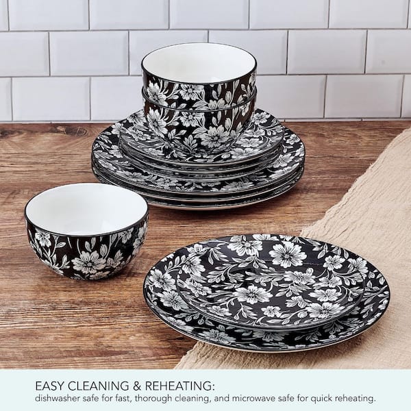 Pfaltzgraff Midnight Blooms 12 Piece Floral Porcelain Dinnerware