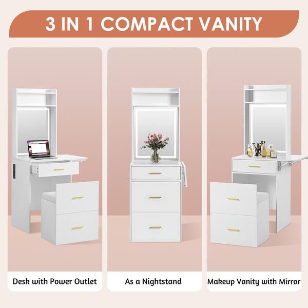 Makeup Vanity Desk With Mirror & LED Lights - 3-in-1 Tall Vanity Set With Jewelry Box, Charging Station & Stool