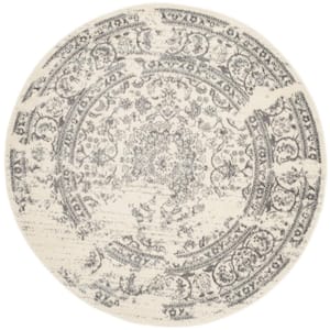 Adirondack Ivory/Silver 10 ft. x 10 ft. Border Floral Round Area Rug