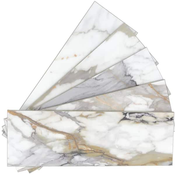 sunwings Subway Gold Marble 12 in. x 4 in. Stone Composite Peel and Stick Backsplash Wall Tile (1-Pack)
