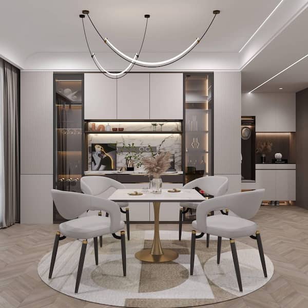 Bristol 35 in. Square Dining Table with Marbled White MDF Top and Gold Steel Pedestal Base