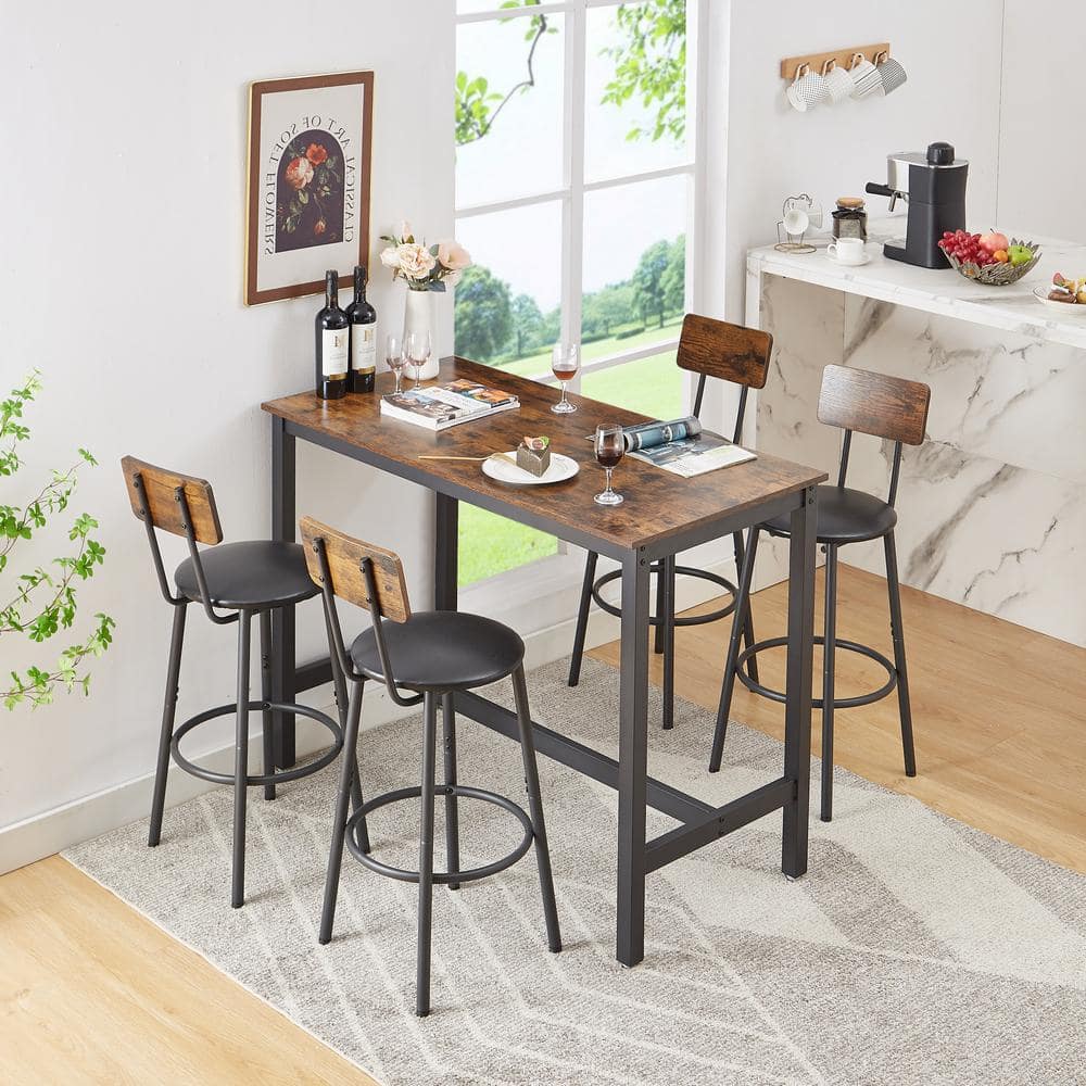 5-Piece Wood Bistro Sets with 4 Bar stools, PU Soft Seat with Backrest, Rus
