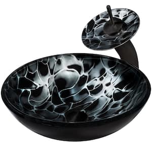 Tartaruga Black Glass Round Vessel Sink with Faucet and Drain in Matte Black