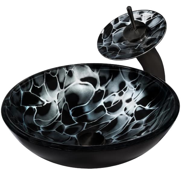 Novatto Tartaruga Black Glass Round Vessel Sink with Faucet and Drain in Matte Black