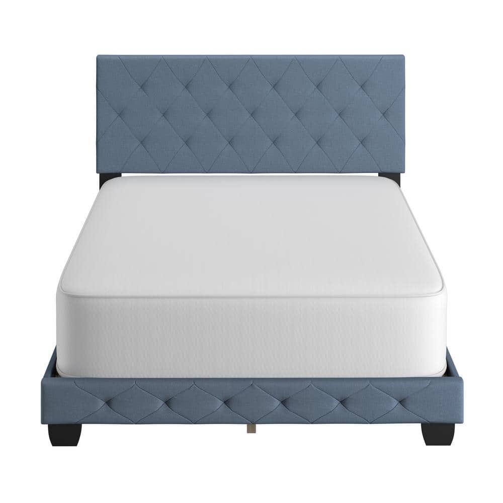 Full Blue Linen Upholstered Platform Bed with Tufted Headboard