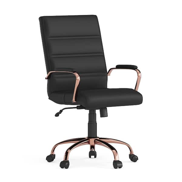 Flash Furniture Whitney Mid-Back Faux Leather Swivel Ergonomic Office Chair in Black/Rose Gold Frame with Arms