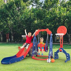 5 in 1 Kids Slide and Swing Set Indoor Outdoor Playground Toddler Playset with Basketball Hoop