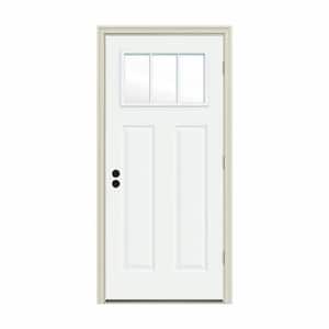 30 in. x 80 in. 3 Lite Craftsman White Painted Steel Prehung Left-Hand Outswing Front Door w/Brickmould
