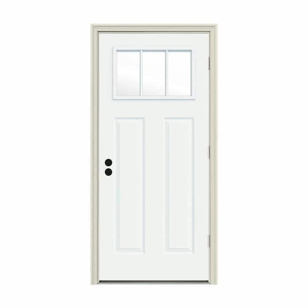 JELD-WEN 30 in. x 80 in. 3 Lite Craftsman White Painted Steel Prehung Left-Hand Outswing Front Door w/Brickmould