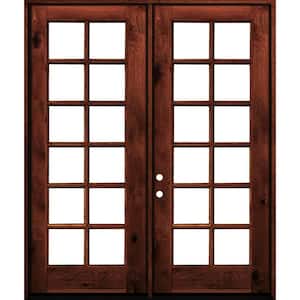 60 in. x 96 in. French Knotty Alder Wood 12-Lite Clear Glass Red Chestnut Stain Left Active Double Prehung Front Door