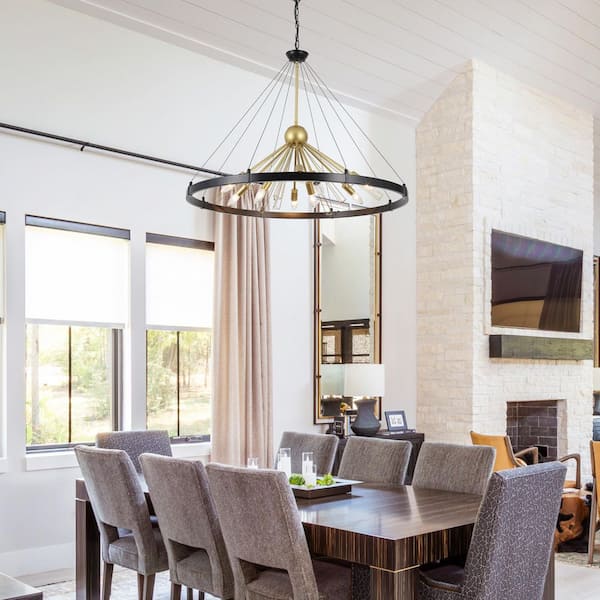 9 Light Matte Black and Gold Modern Farmhouse Wagon Wheel Chandelier for Living Room Bedroom No Bulbs Included