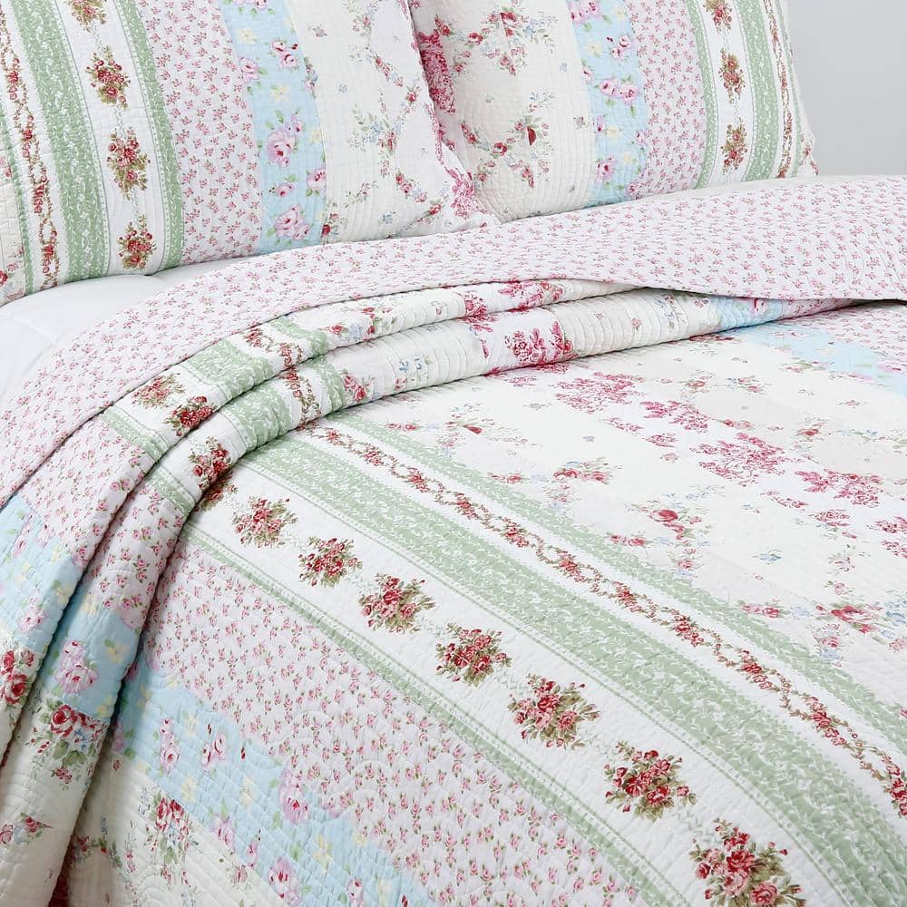 Twin Pink Floral Cotton Reversible Quilt Set