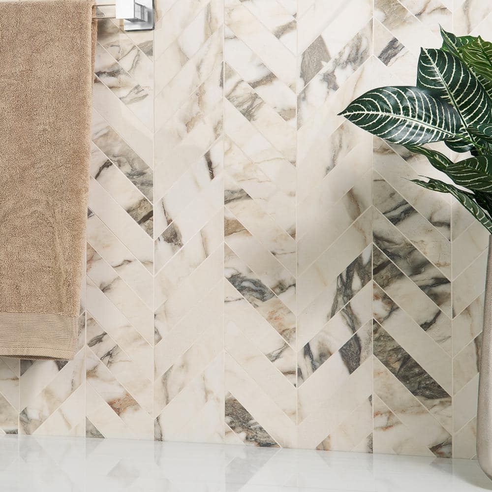 Calacatta Rustico Polished Porcelain Chevron Mosaic Tile
