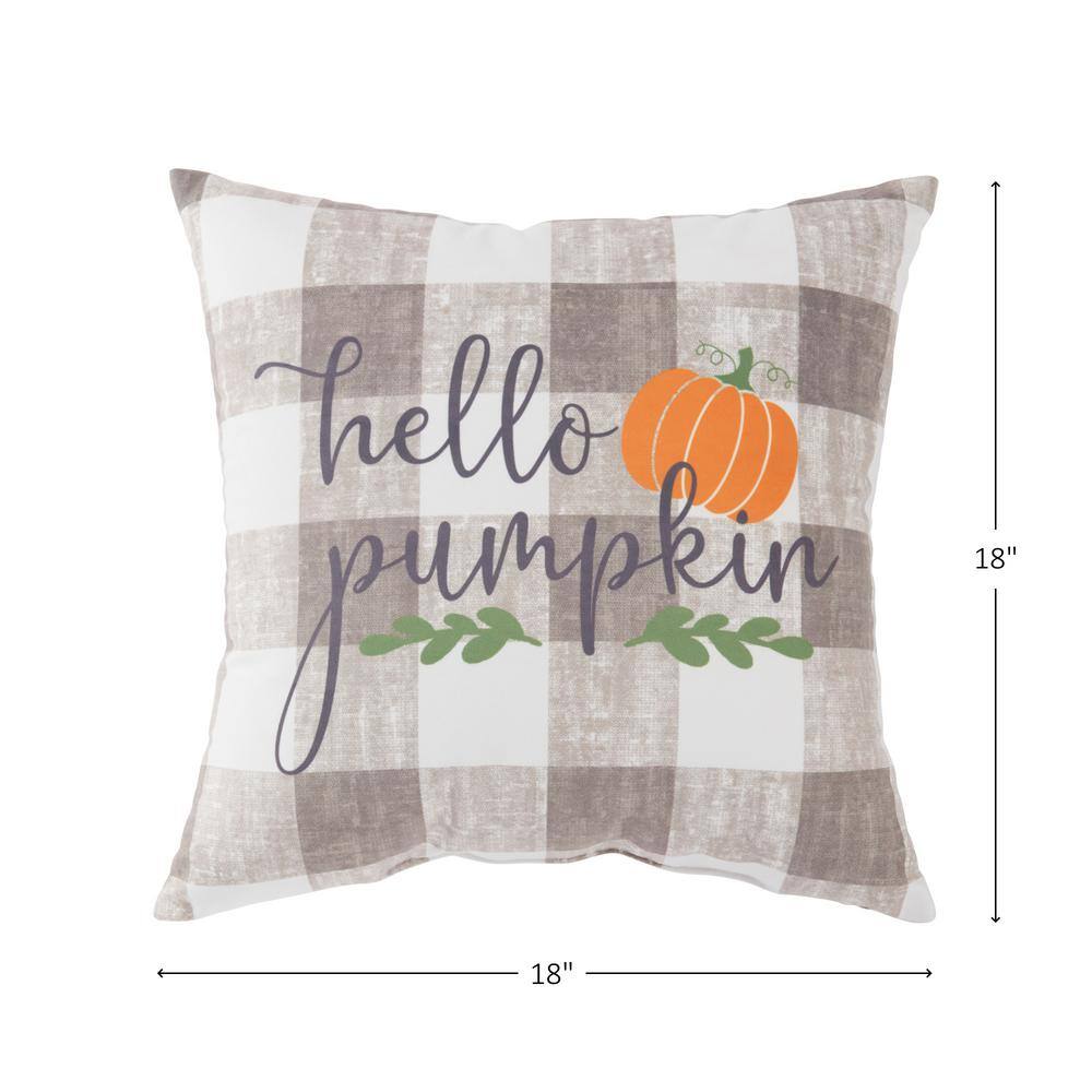 Hello Pumpkin Gray Check Fall Cotton Throw Pillow 18"