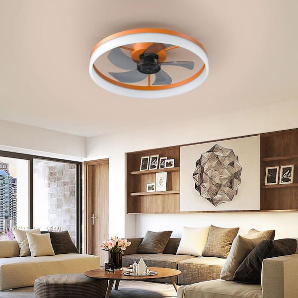 19.7 in. Indoor Orange Dimmable LED Flush Mount Fandelier Ceiling Fan with Remote Control, Adjustable 3-Color