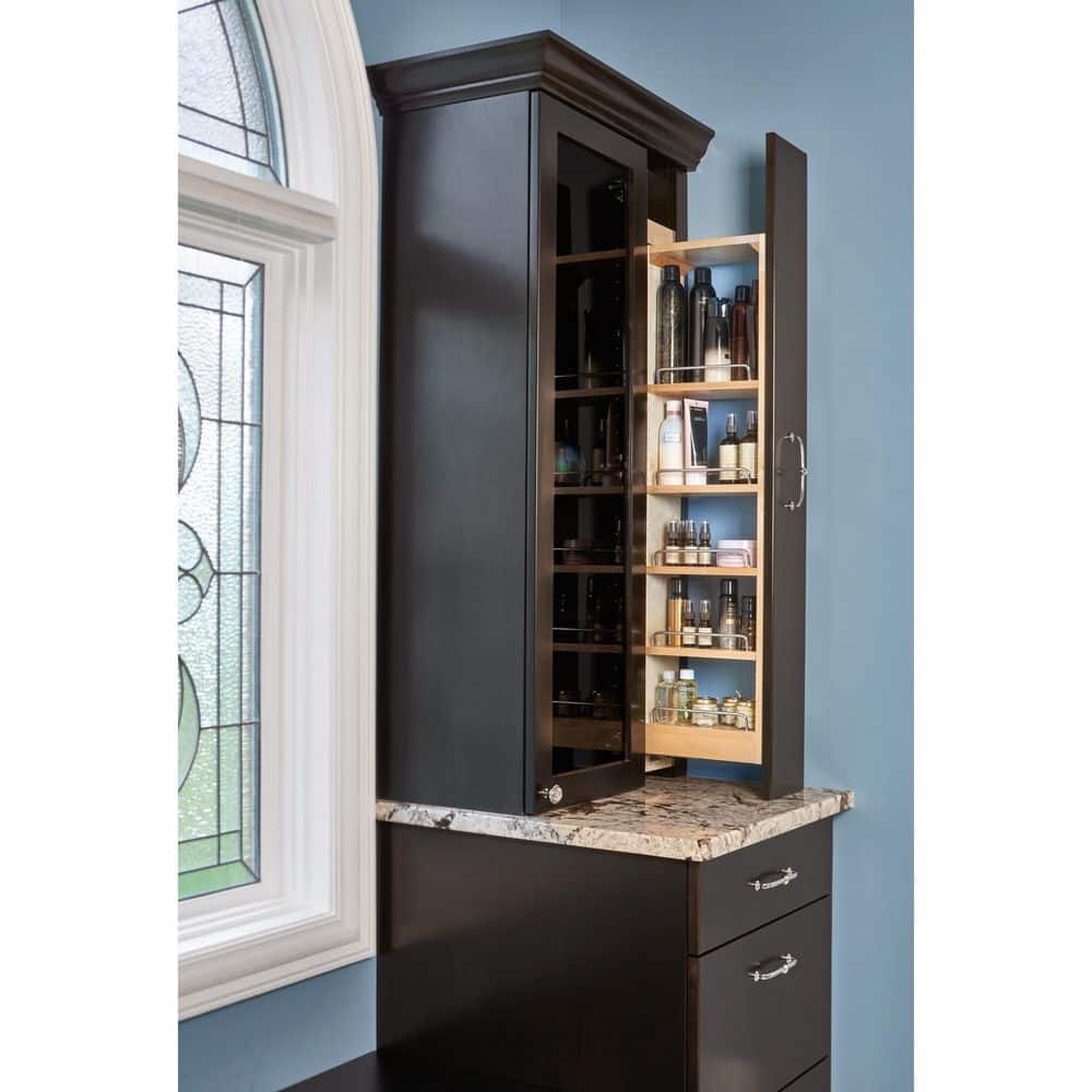 Maple Wood Pull-Out Wall Cabinet Organizer with Chrome Rails
