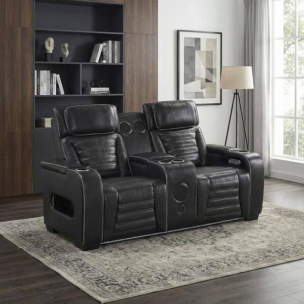 Bedos 84 in. W. Pillow Top Arm Top Grain Leather Rectangle 2-Piece Power Reclining Sofa Set in Black