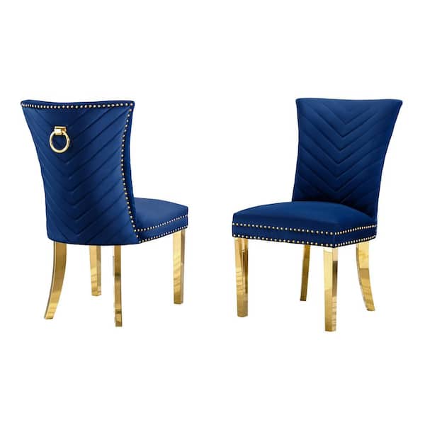 Best Quality Furniture Julie Navy Blue Velvet Fabric Gold Stainless Steel Legs Side Chair (2-Chairs Included)