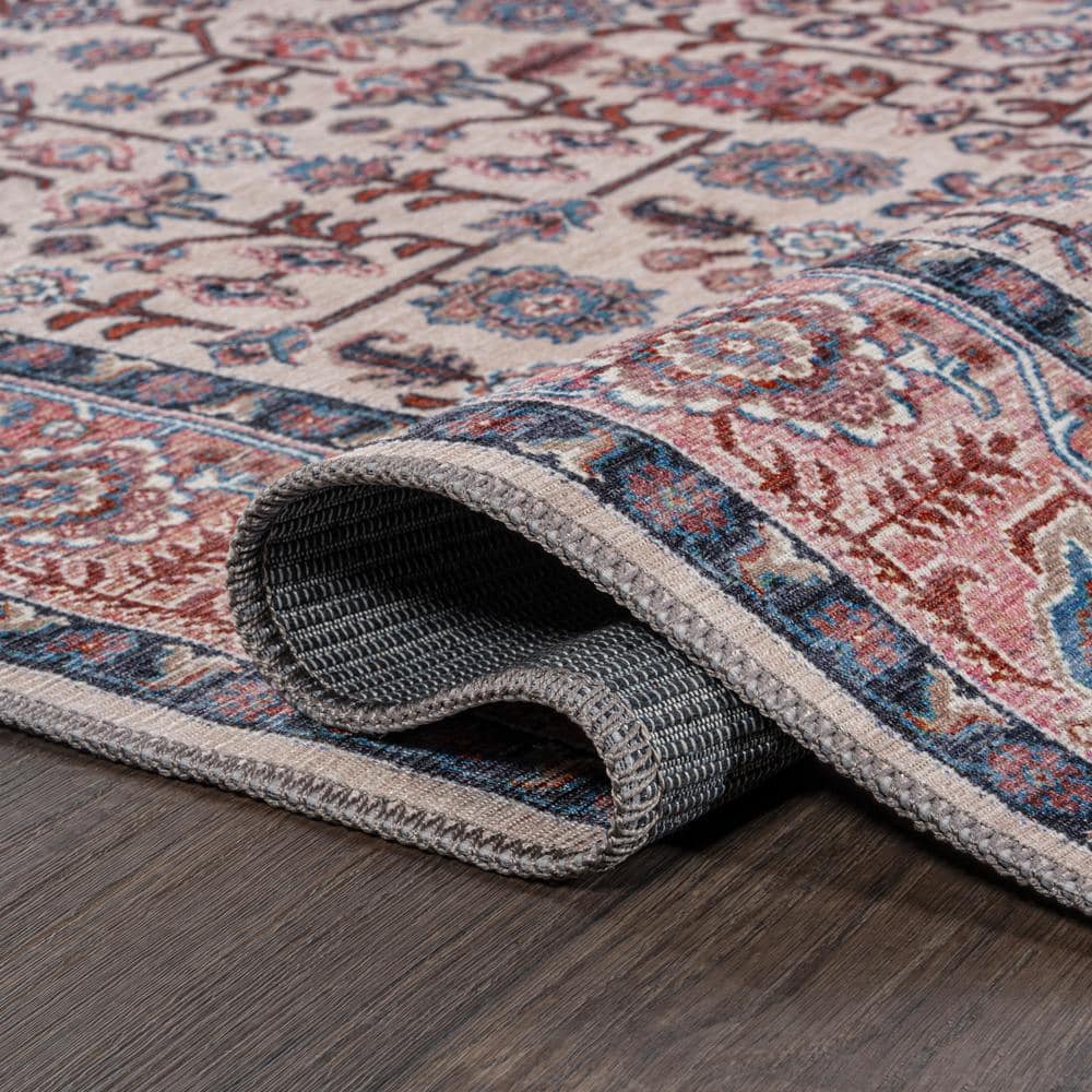 Kemer Persian Chenille Beige/Red/Blue 2' x 8' Washable Runner Rug