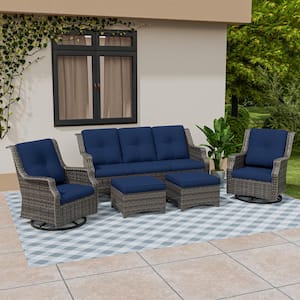 5-Piece Wicker Extra-Wide Arm Outdoor Patio Conversation Sofa Set with Blue Cushions