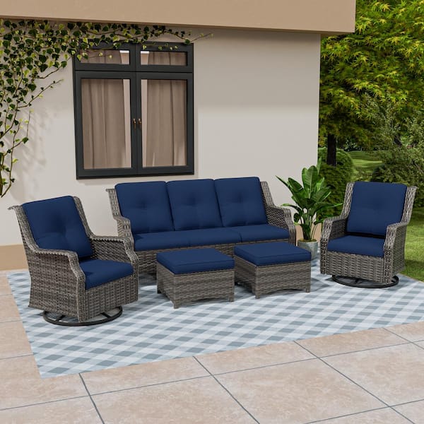 MeetLeisure 5-Piece Wicker Extra-Wide Arm Outdoor Patio Conversation Sofa Set with Blue Cushions