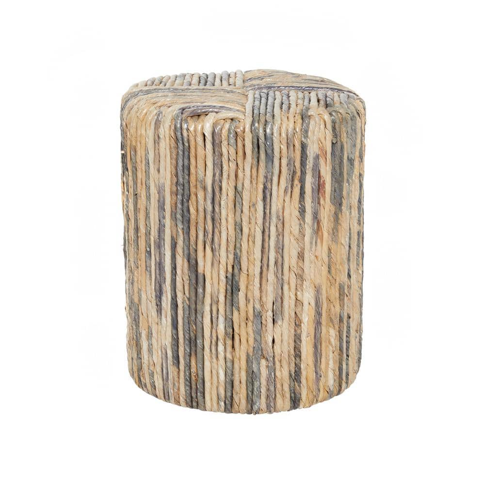 Boho Chic Multi-Colored Woven Banana Leaf & Hide Accent Stool