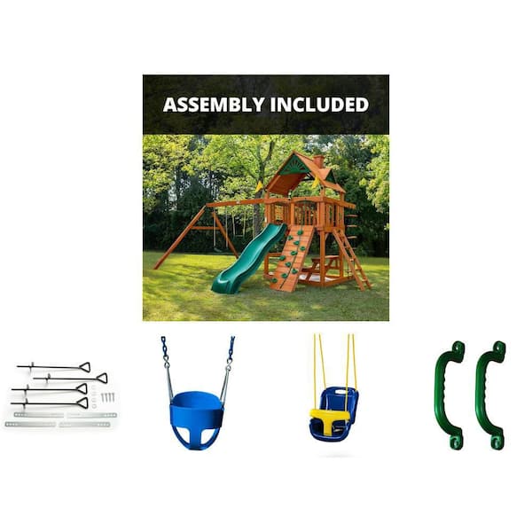 Chateau Kids Outdoor Playground Set with Slide, Ground Anchors Kit, Blue Bucket and Infant Swings, Green Handles (2-Set)