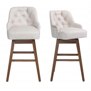 28 in. Modern Beige Linen Counter-Height Swivel Bar Stool with Wood Legs( Set of 2)