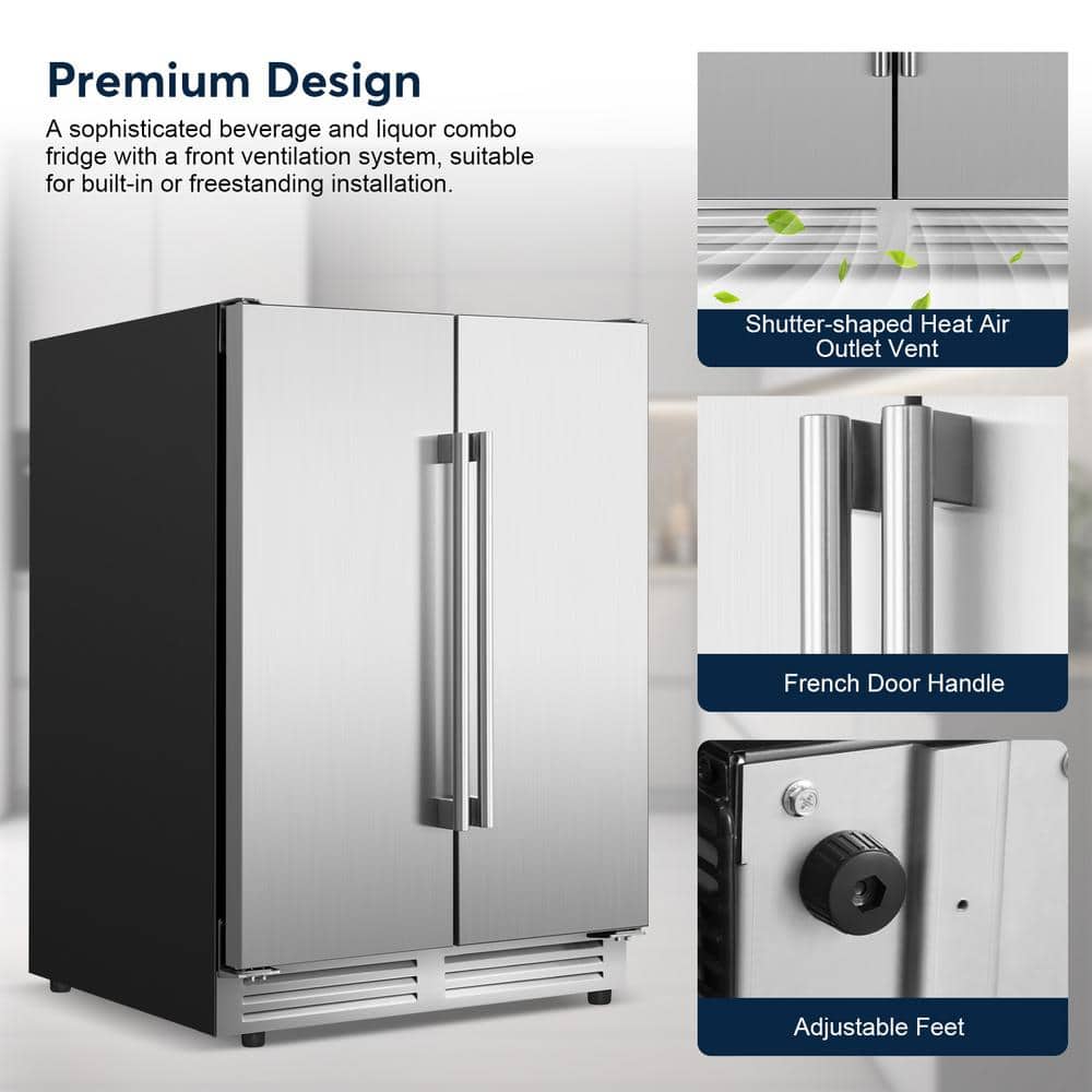 Tittla 24" Silver Beverage Refrigerator with French Doors 150-Can Capacity, Built-in or Freestanding Beer and Drink Cooler