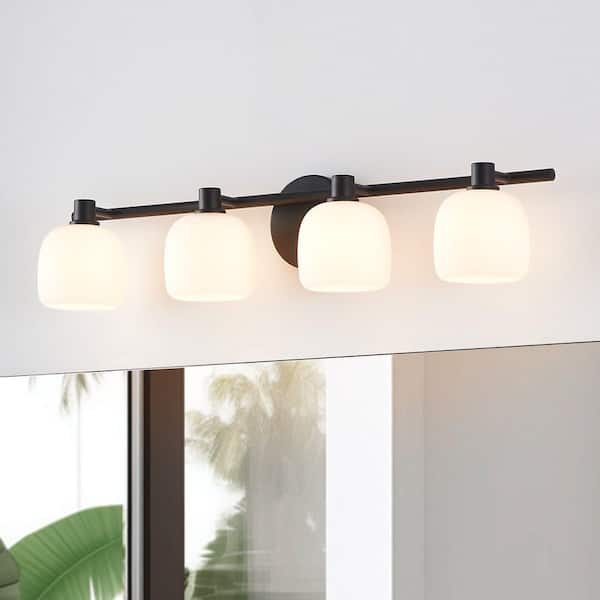 Valentina 30-in. 4-light Matte Black Vanity Light with Etched Opal Glass Shades