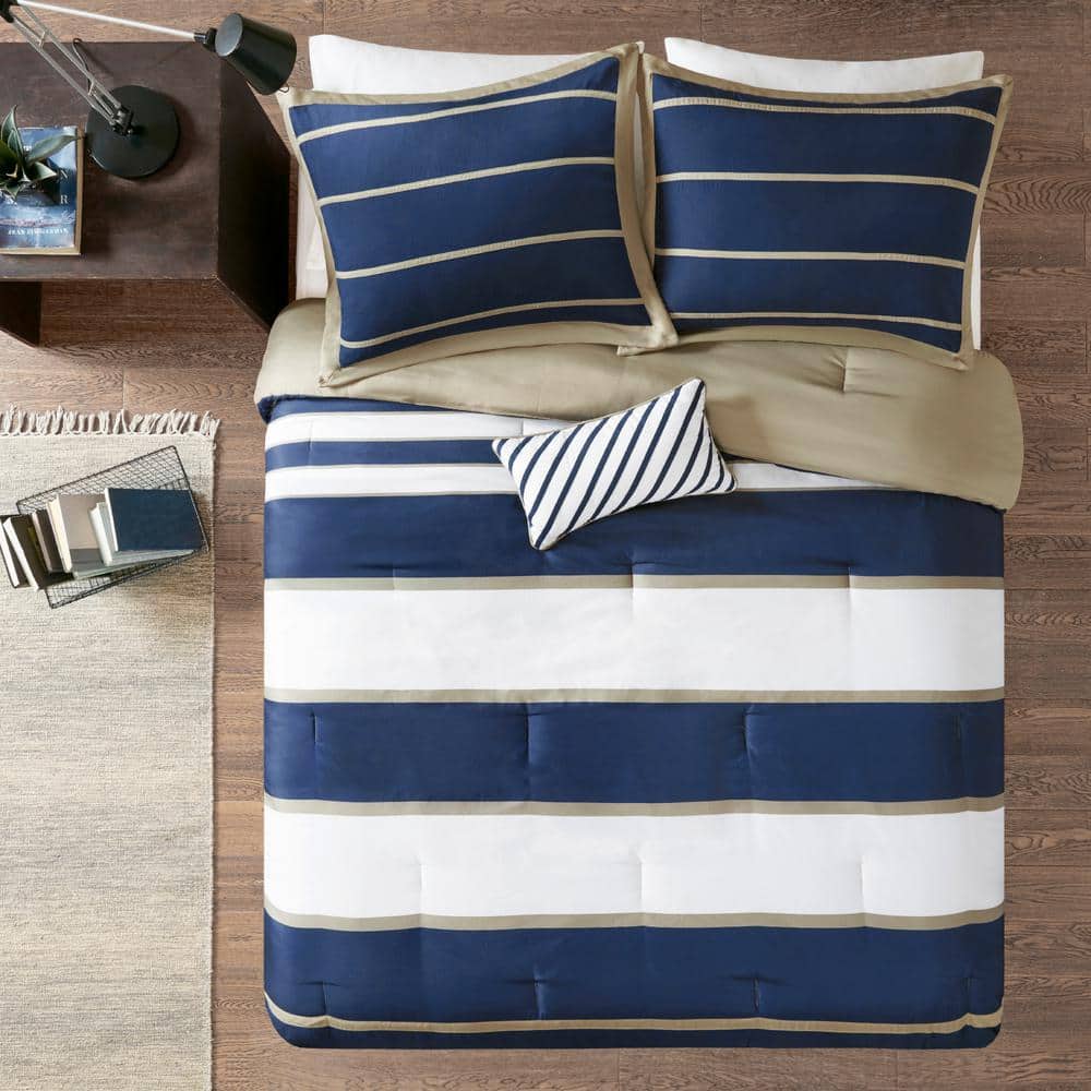 Navy and Khaki Twin Microfiber Comforter Set with Decorative Pillow