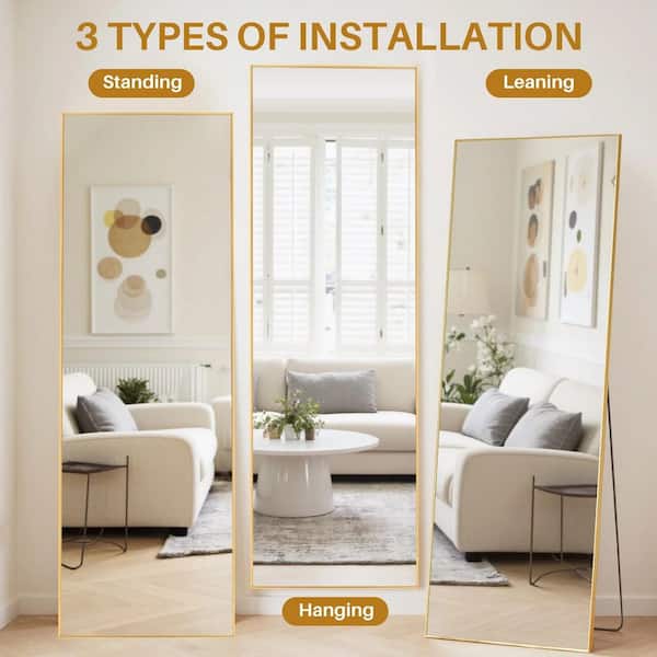 64 in. x 21 in. Full Length Rectangular Wall Mount Bathroom Vanity Mirror with Stand Aluminum Alloy Thin Frame in Gold