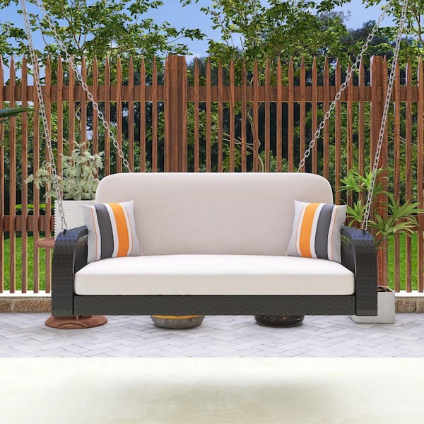 Boosicavelly 2-Person Outdoor Black Wicker Porch Swing with Beige Cushions and Colorful Pillows