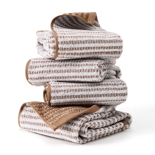 Striped Reversible Terry Organic Cotton 20 in. x 30 in. Mocha Brown Hand Towel Set 4-Pack