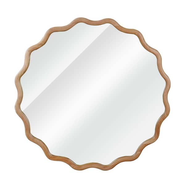 Natural Brown Wood 30 in. W x 30 in. H Wavy Round Solid Wood Frame Decorative Mirror, For Bedroom, Bathroom, Living Room
