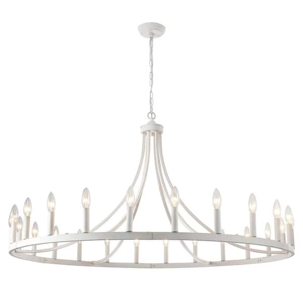 24-Light Distressed White Farmhouse Wagon Wheel Chandelier for Living Room, Kitchen Island, Bedroom