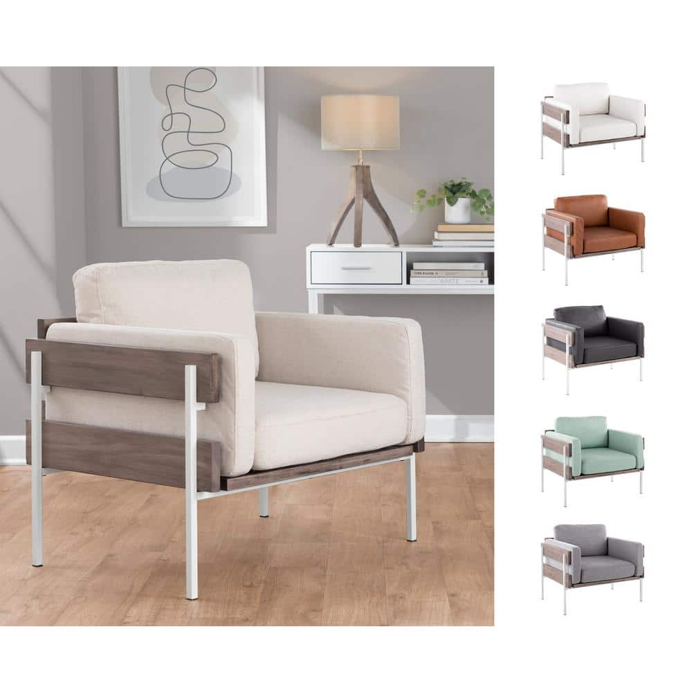 Farmhouse Luxe Kari White Faux Leather Accent Chair with Grey Wood