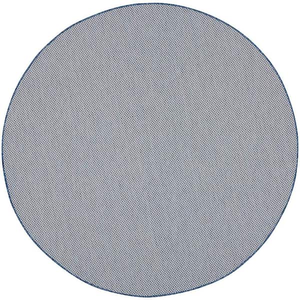 Courtyard Ivory Blue 6 ft. x 6 ft. Round Solid Geometric Contemporary Indoor/Outdoor Area Rug